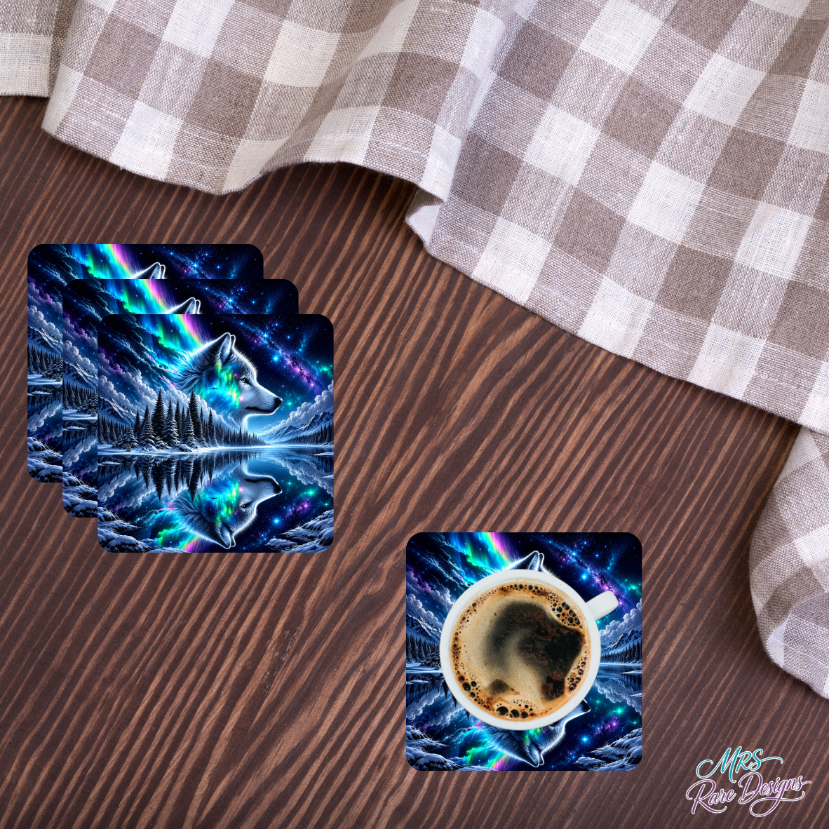 Aurora’s Call -Northern Lights Wolf Glass Coaster Set