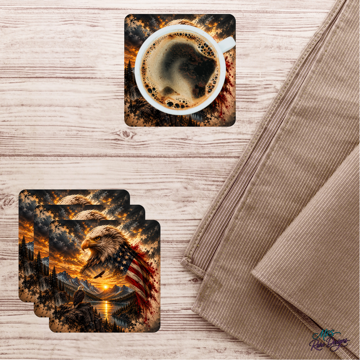 Golden Freedom Eagle Square Glass Coasters – Set of 4
