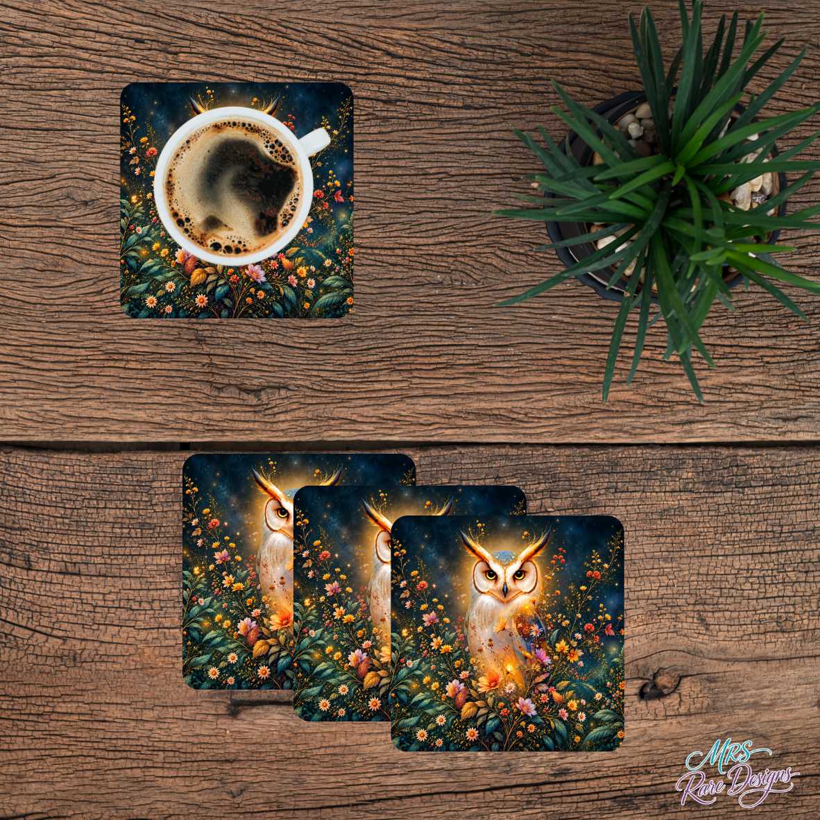 Golden Glow Owl & Wildflowers Glass Coasters – Set of 4