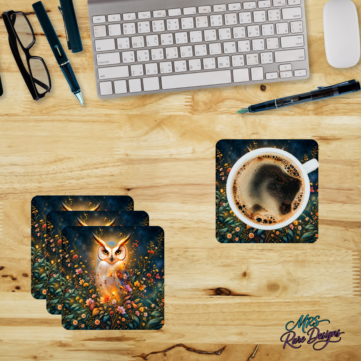 Golden Glow Owl & Wildflowers Glass Coasters – Set of 4