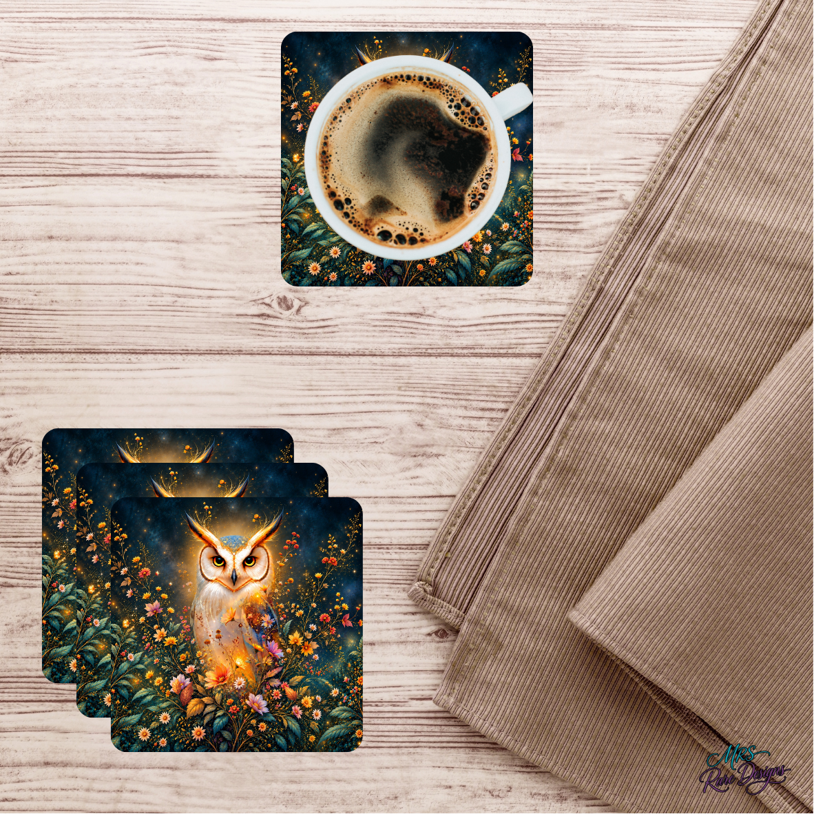 Golden Glow Owl & Wildflowers Glass Coasters – Set of 4