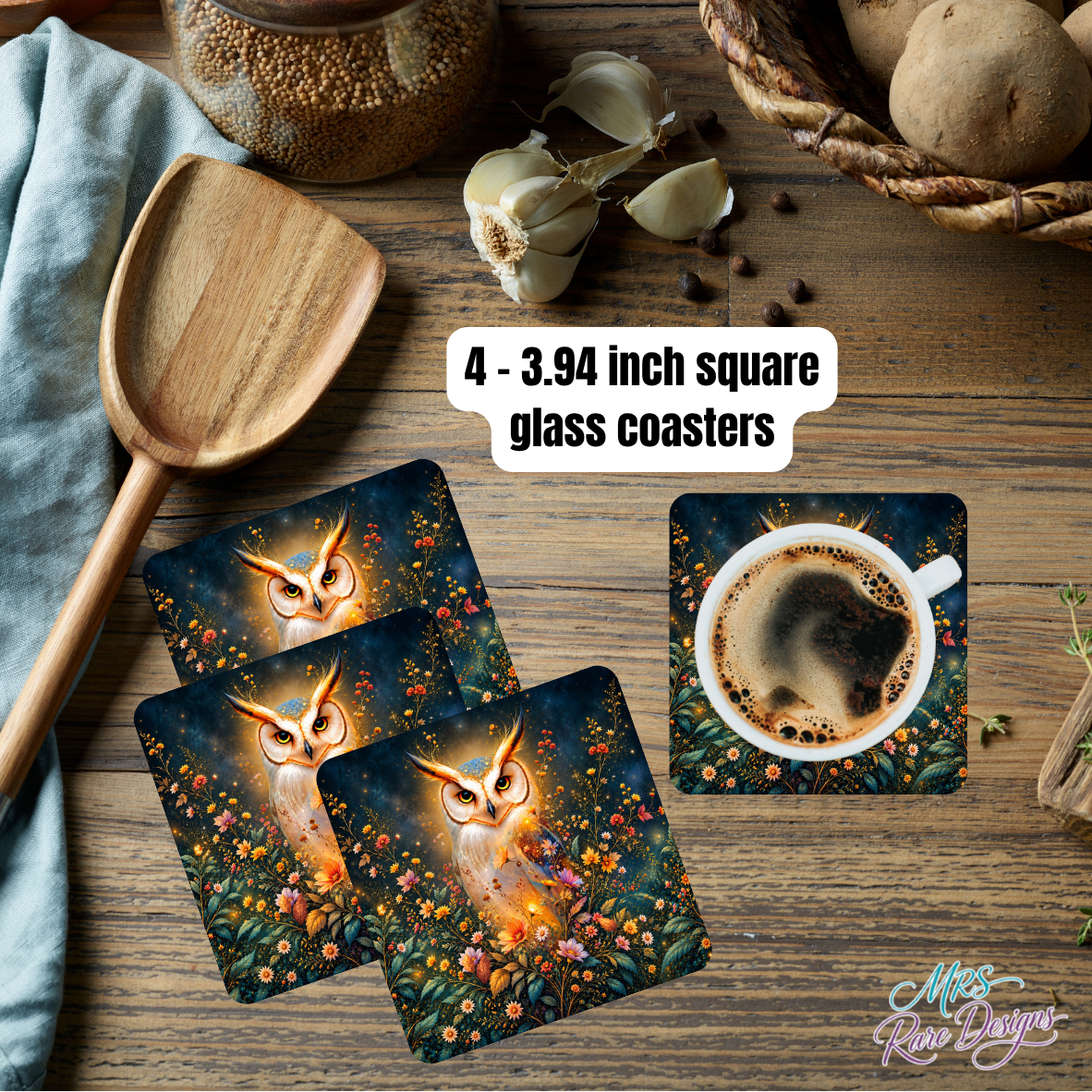 Golden Glow Owl & Wildflowers Glass Coasters – Set of 4