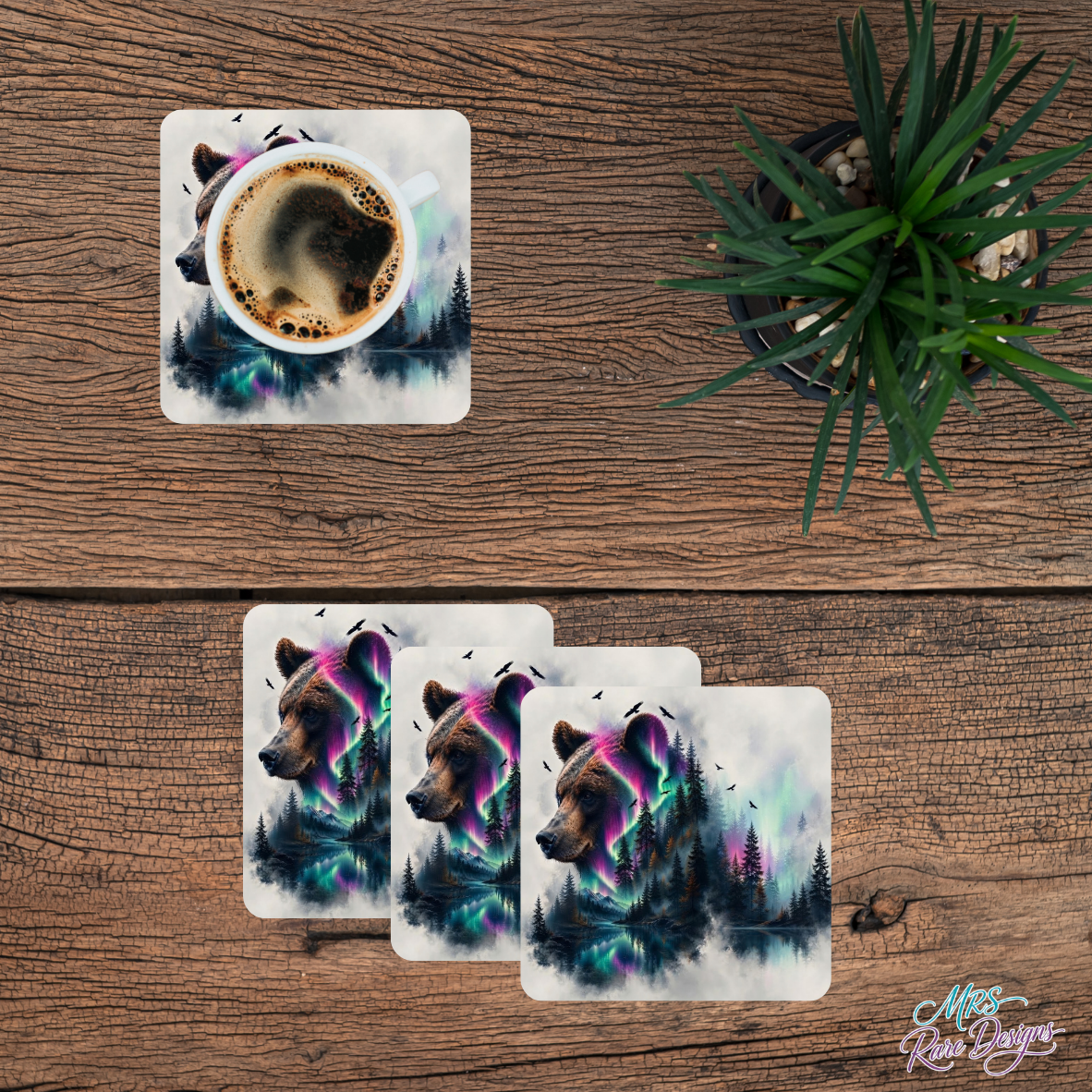 Aurora Bear Forest Glass Coaster Set