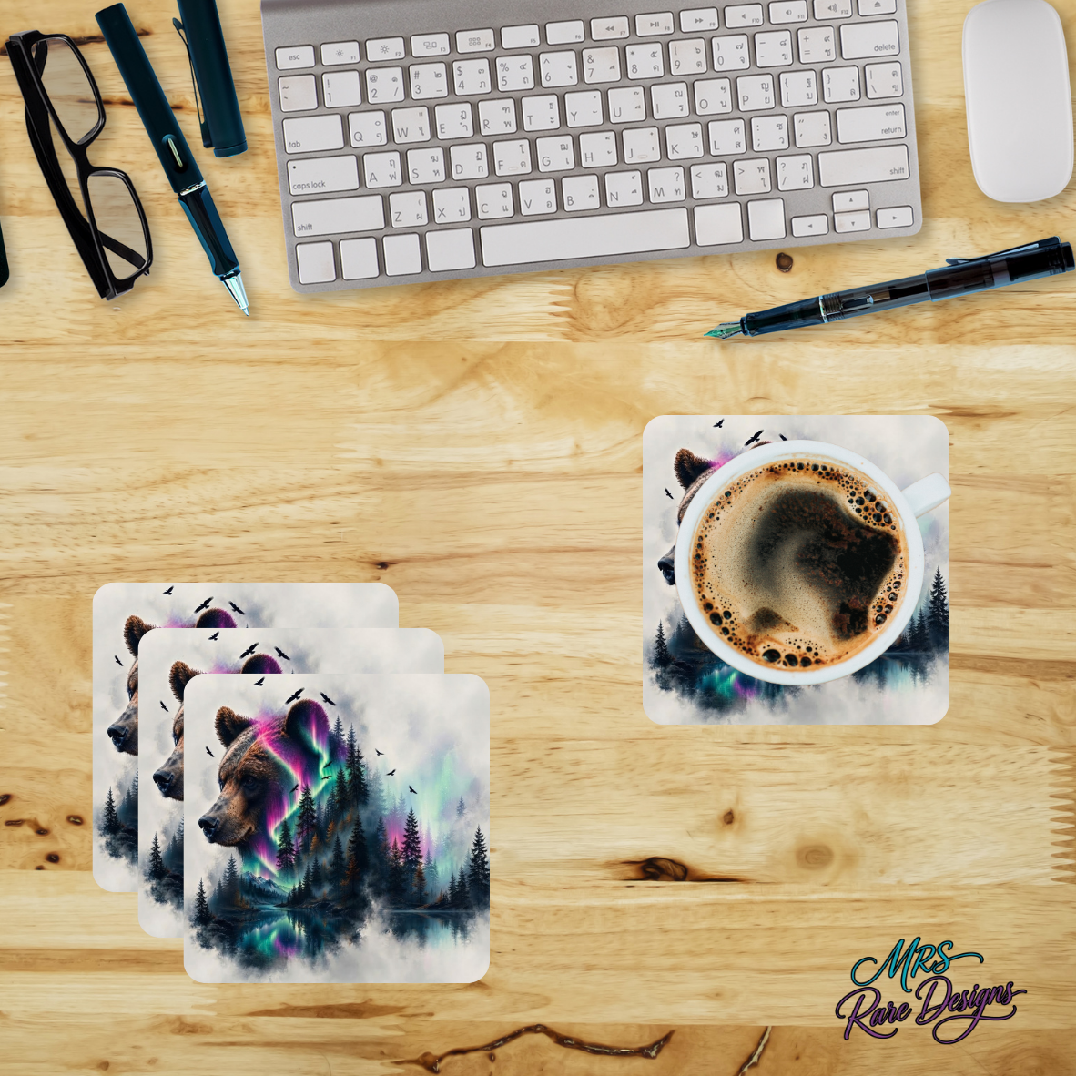 Aurora Bear Forest Glass Coaster Set