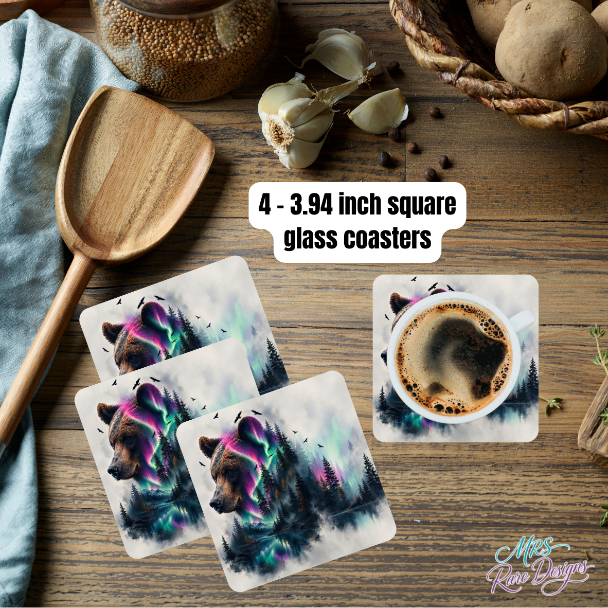 Aurora Bear Forest Glass Coaster Set