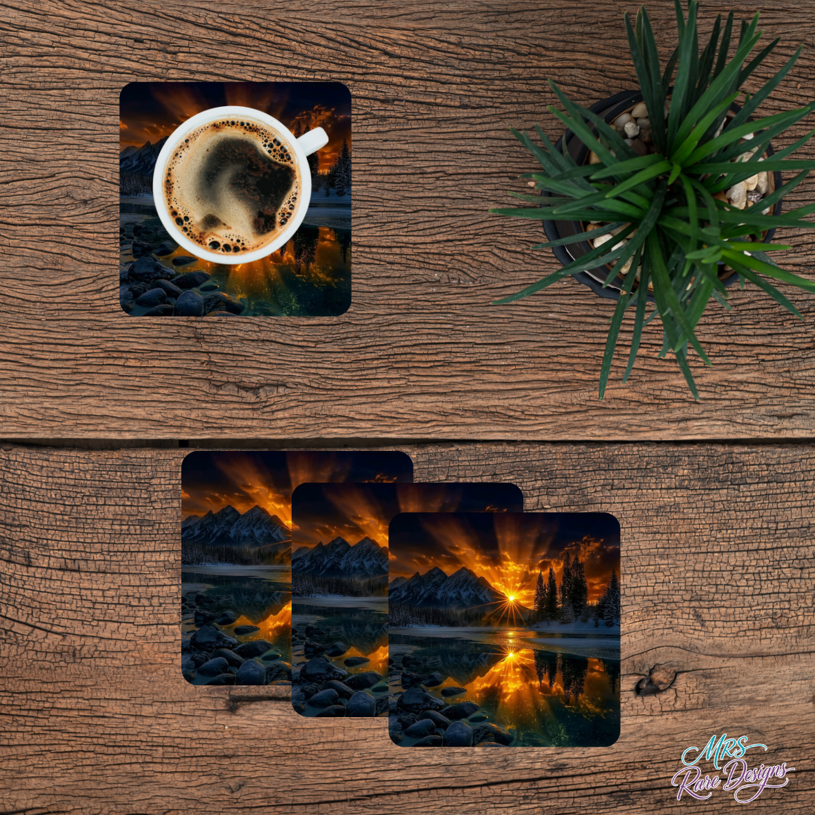 Alpine Sunset Glow Glass Coasters – Set of 4