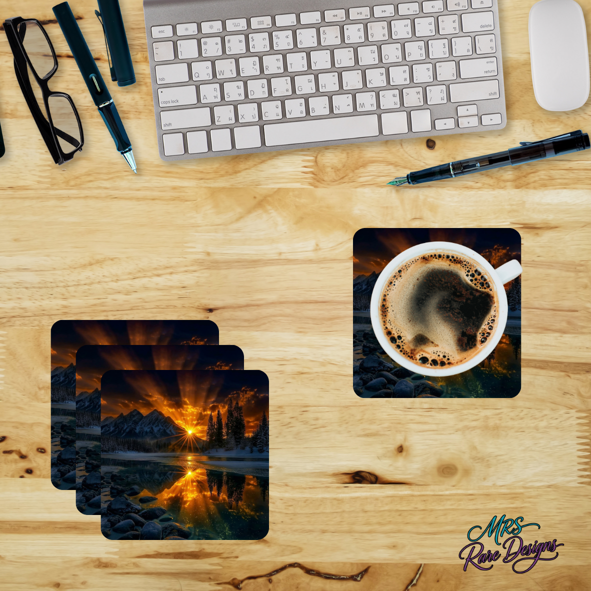 Alpine Sunset Glow Glass Coasters – Set of 4