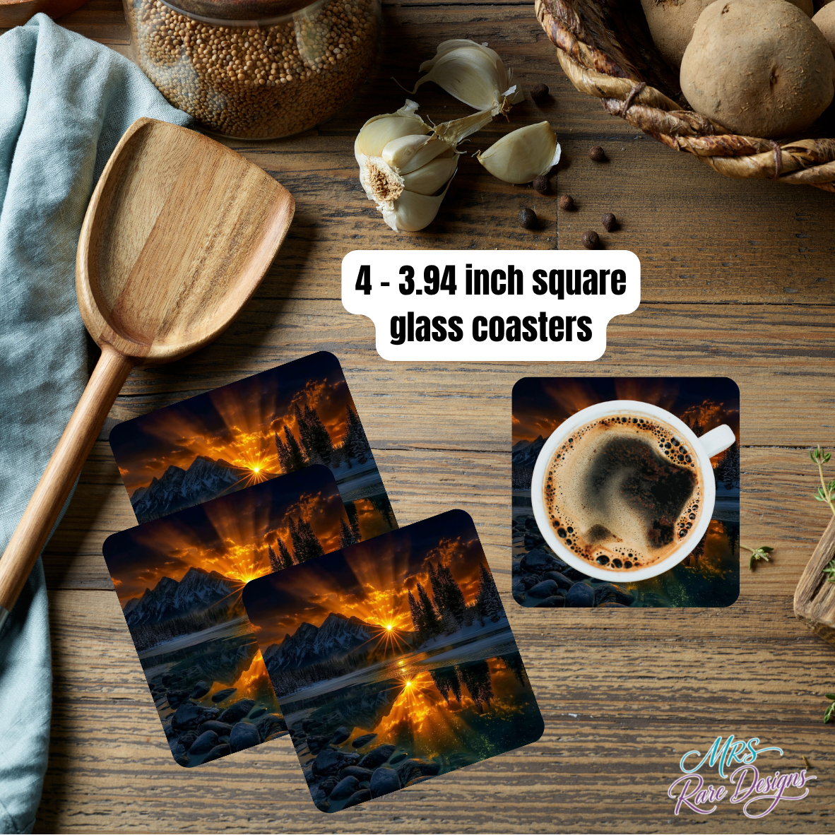 Alpine Sunset Glow Glass Coasters – Set of 4