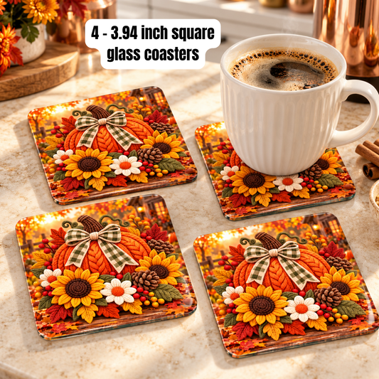 Cozy Harvest Pumpkin & Sunflower Glass Coaster Set