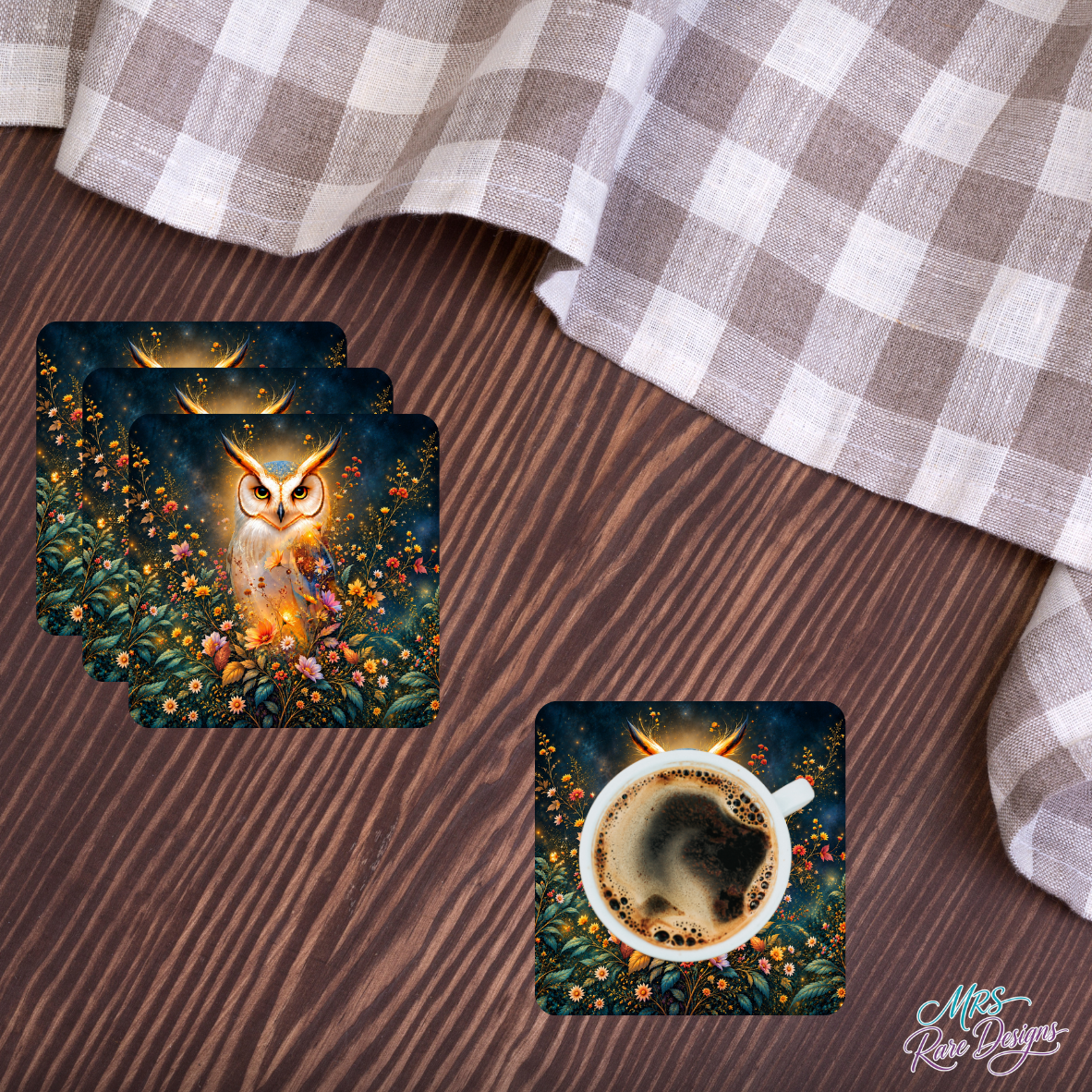 Golden Glow Owl & Wildflowers Glass Coasters – Set of 4