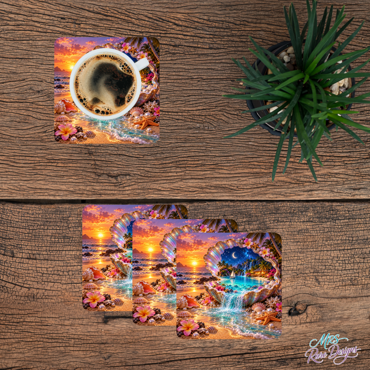 Sips of Paradise — Tropical Seashell Glass Coaster Set of 4