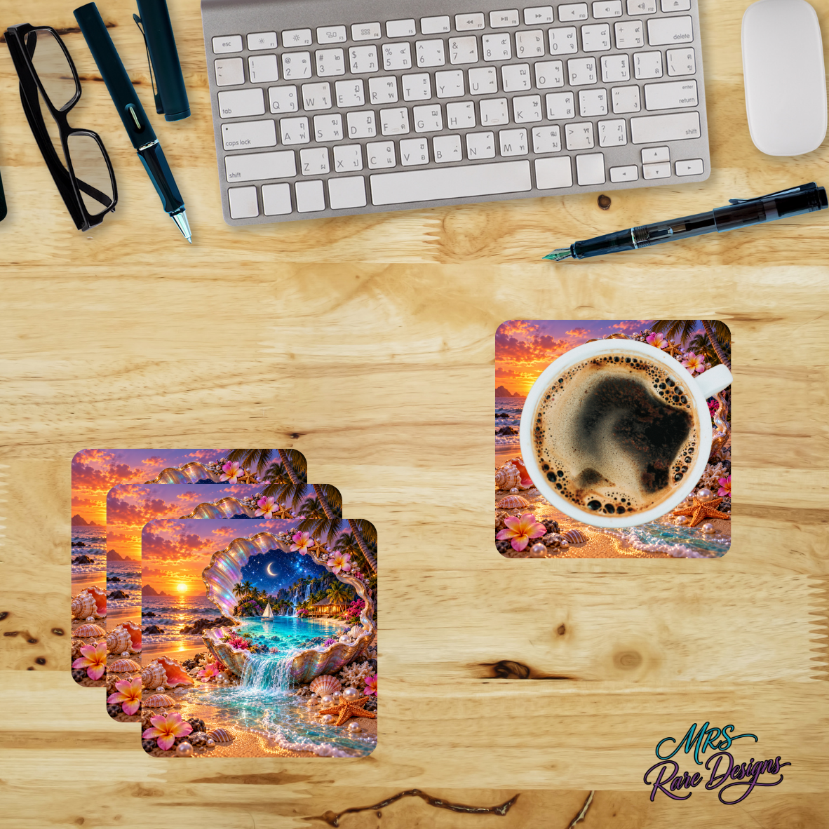 Sips of Paradise — Tropical Seashell Glass Coaster Set of 4