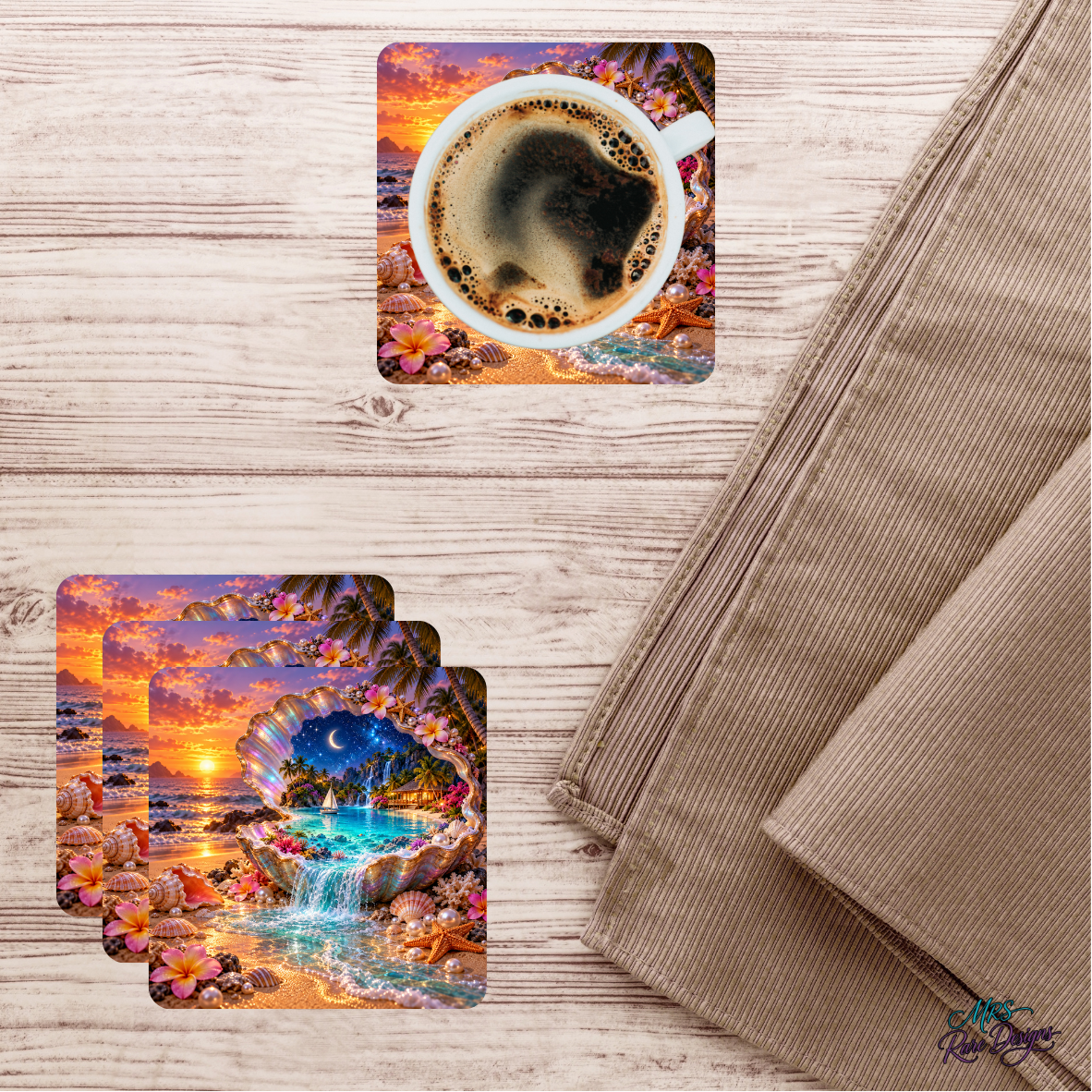 Sips of Paradise — Tropical Seashell Glass Coaster Set of 4