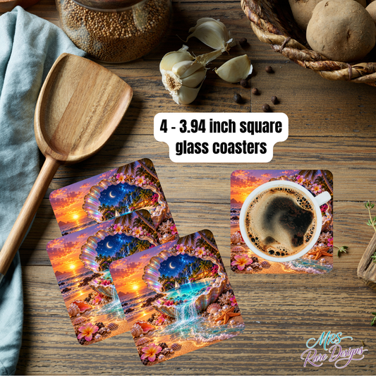 Sips of Paradise — Tropical Seashell Glass Coaster Set of 4