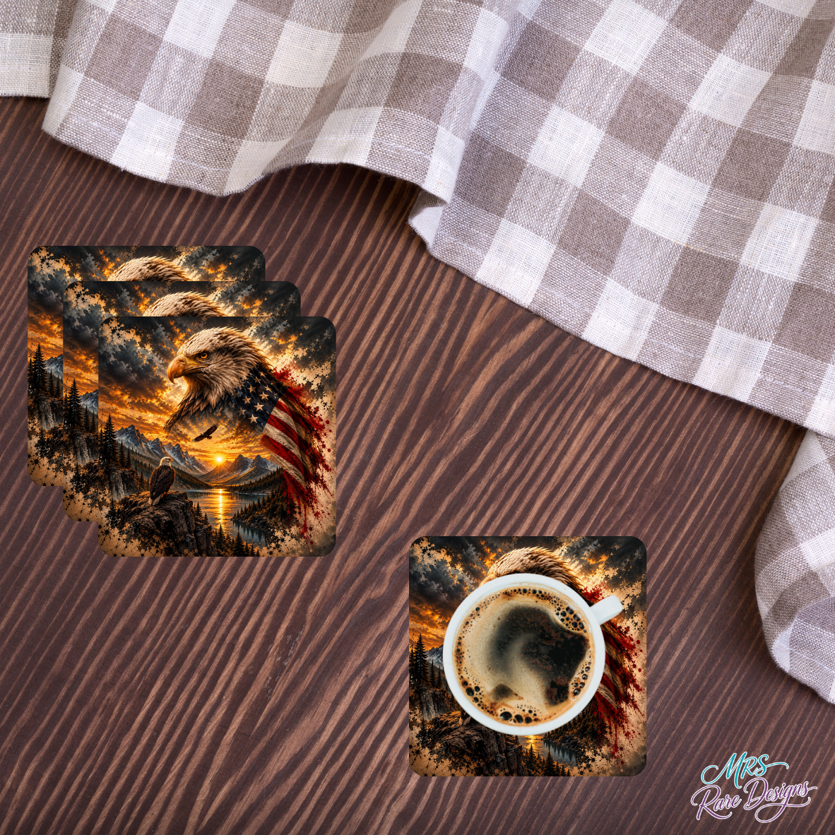 Golden Freedom Eagle Square Glass Coasters – Set of 4
