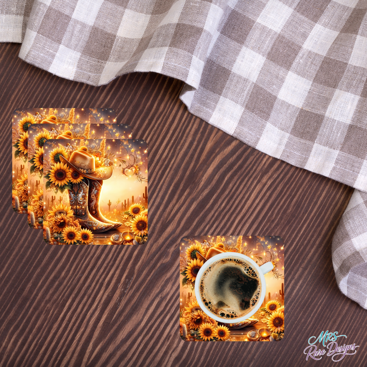 Sunflower & Spurs Glass Coaster Set 🌻🤠