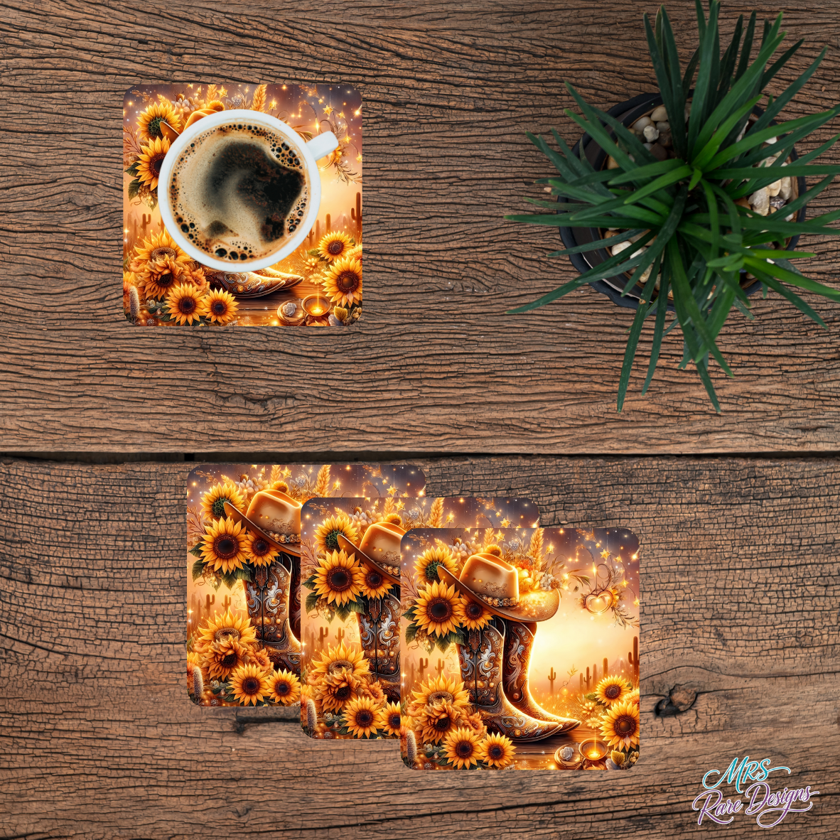 Sunflower & Spurs Glass Coaster Set 🌻🤠