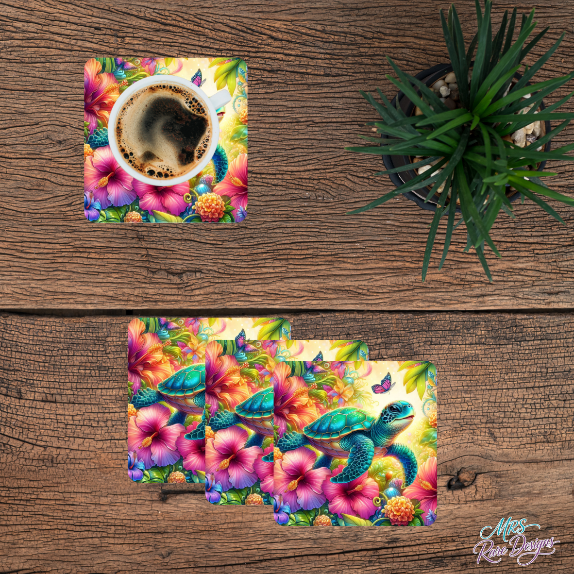 "Botanical Bloom Turtle" Glass Coasters