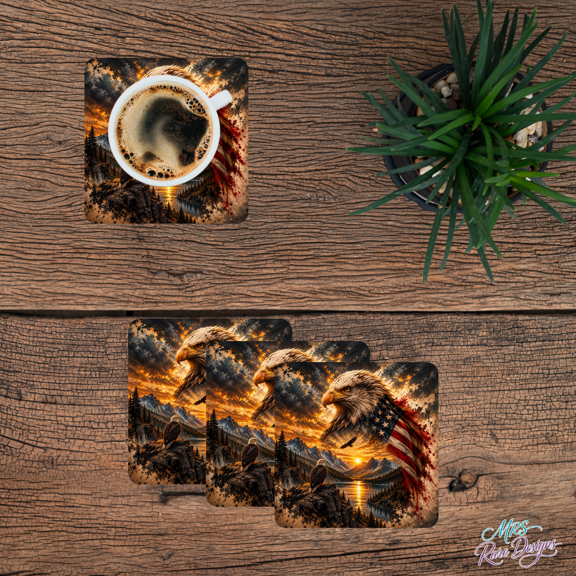 Golden Freedom Eagle Square Glass Coasters – Set of 4