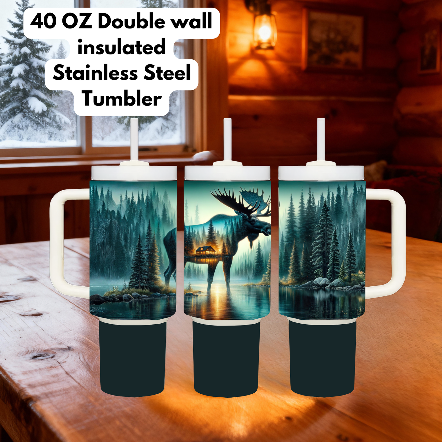 Majestic Moose Forest Cabin 40oz Stainless Steel Tumbler – Double-Wall Insulated Travel Mug with Handle and Straw