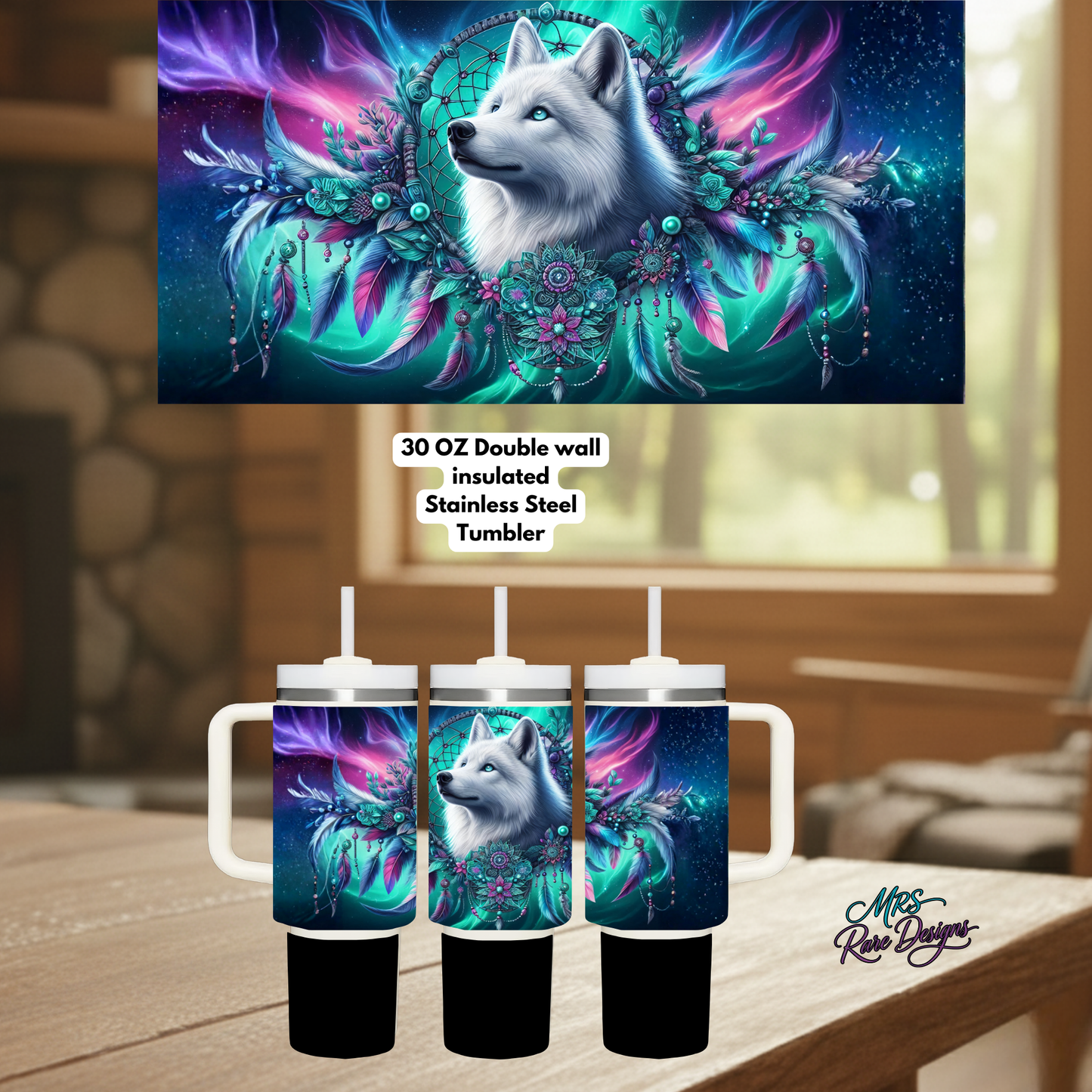 Luminous Arctic Wolf Dreamcatcher 30oz Double Wall Stainless Steel Tumbler with Handle & Straw