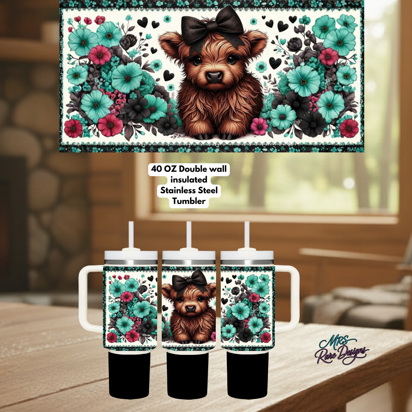 Highland Cow Floral 40oz Stainless Steel Tumbler Collection – Blue, Teal, Dark Pink, Lavender & Light Pink Farmhouse Gift