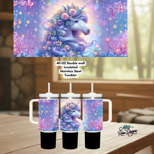 Enchanted Dream Unicorn 40‑Ounce Stainless Steel Tumbler With Handle – Floral Pastel Fantasy Cup