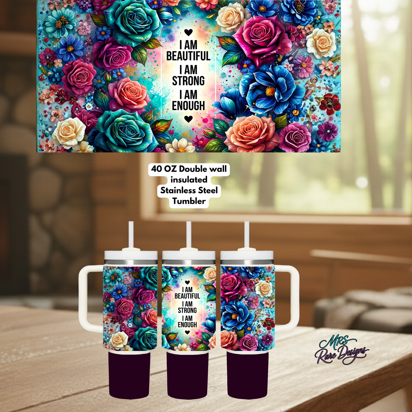 PowerBloom Affirmation Floral 40oz Handled Stainless Steel Tumbler