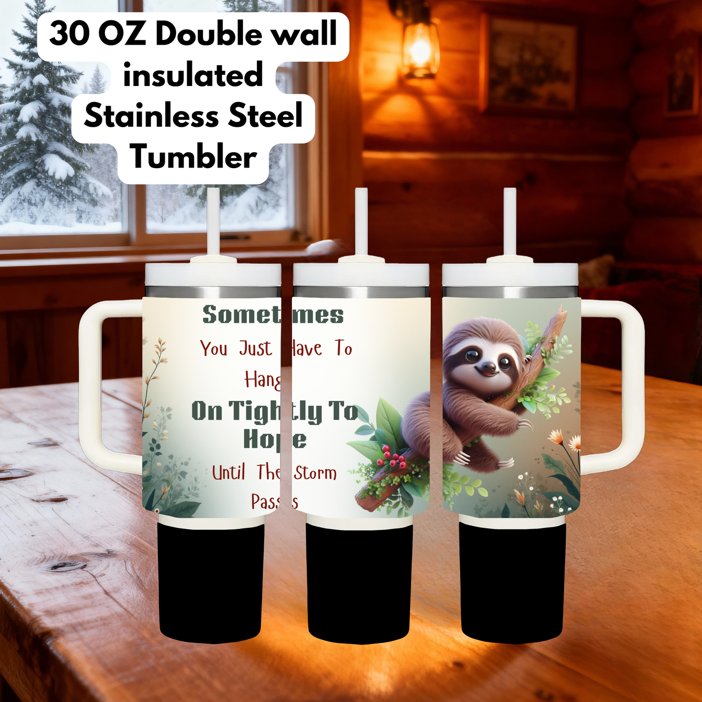 30oz Double Wall Insulated Stainless Steel Sloth Tumbler – “Hang On Tight to Hope” Inspirational Mug with Handle & Straw