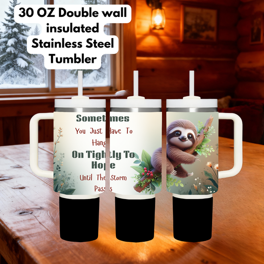 30oz Double Wall Insulated Stainless Steel Sloth Tumbler – “Hang On Tight to Hope” Inspirational Mug with Handle & Straw