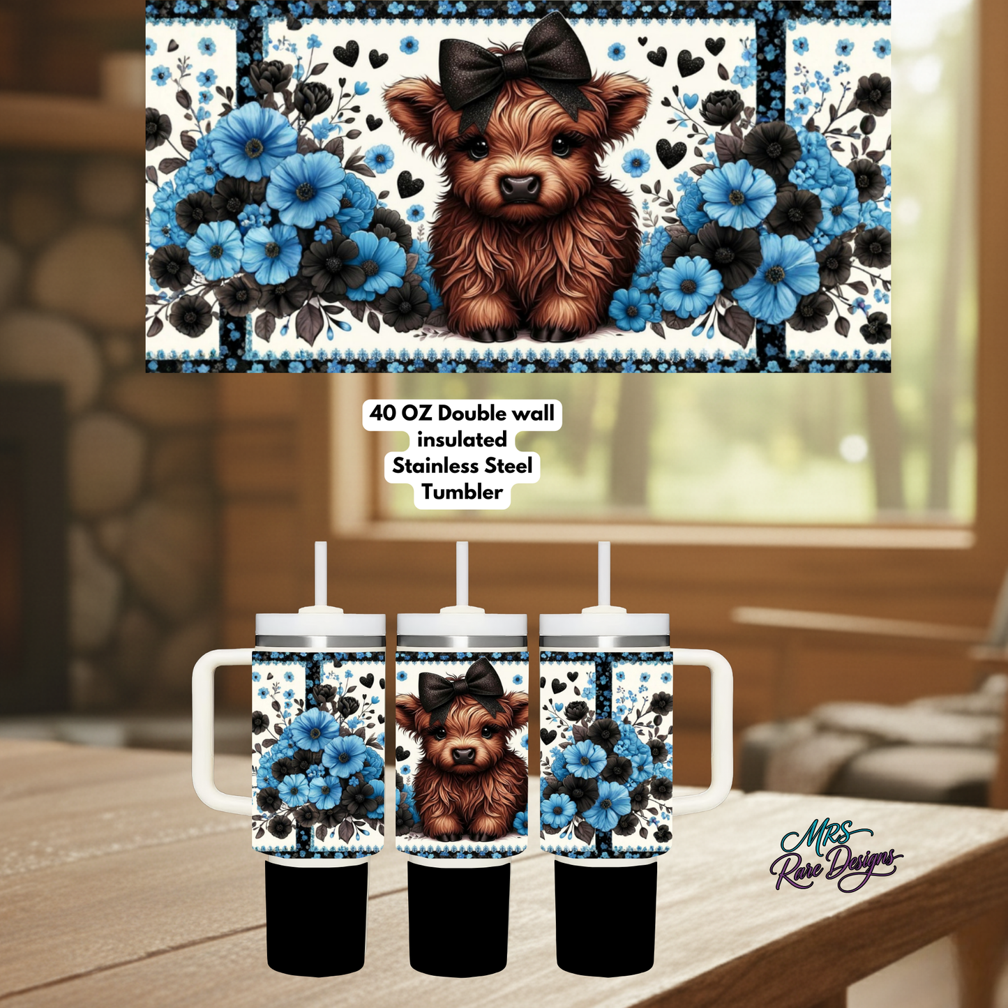 Highland Cow Floral 40oz Stainless Steel Tumbler Collection – Blue, Teal, Dark Pink, Lavender & Light Pink Farmhouse Gift