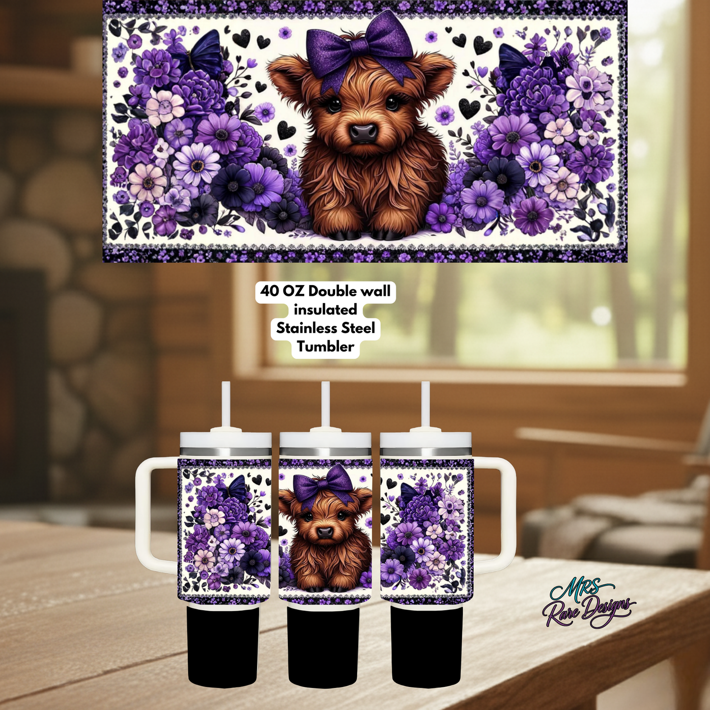 Highland Cow Floral 40oz Stainless Steel Tumbler Collection – Blue, Teal, Dark Pink, Lavender & Light Pink Farmhouse Gift