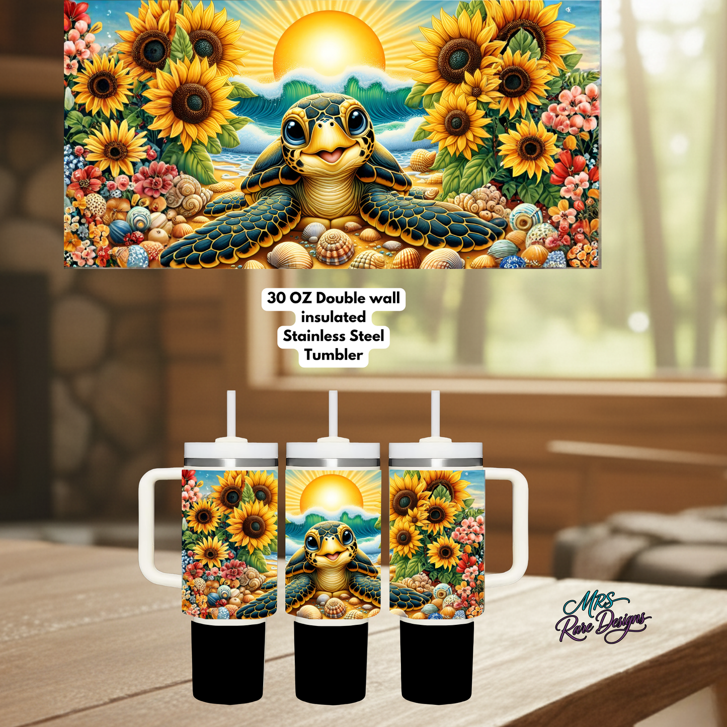 Sunflower Sea Turtle Tropical Beach 30oz Stainless Steel Insulated Tumbler with Handle