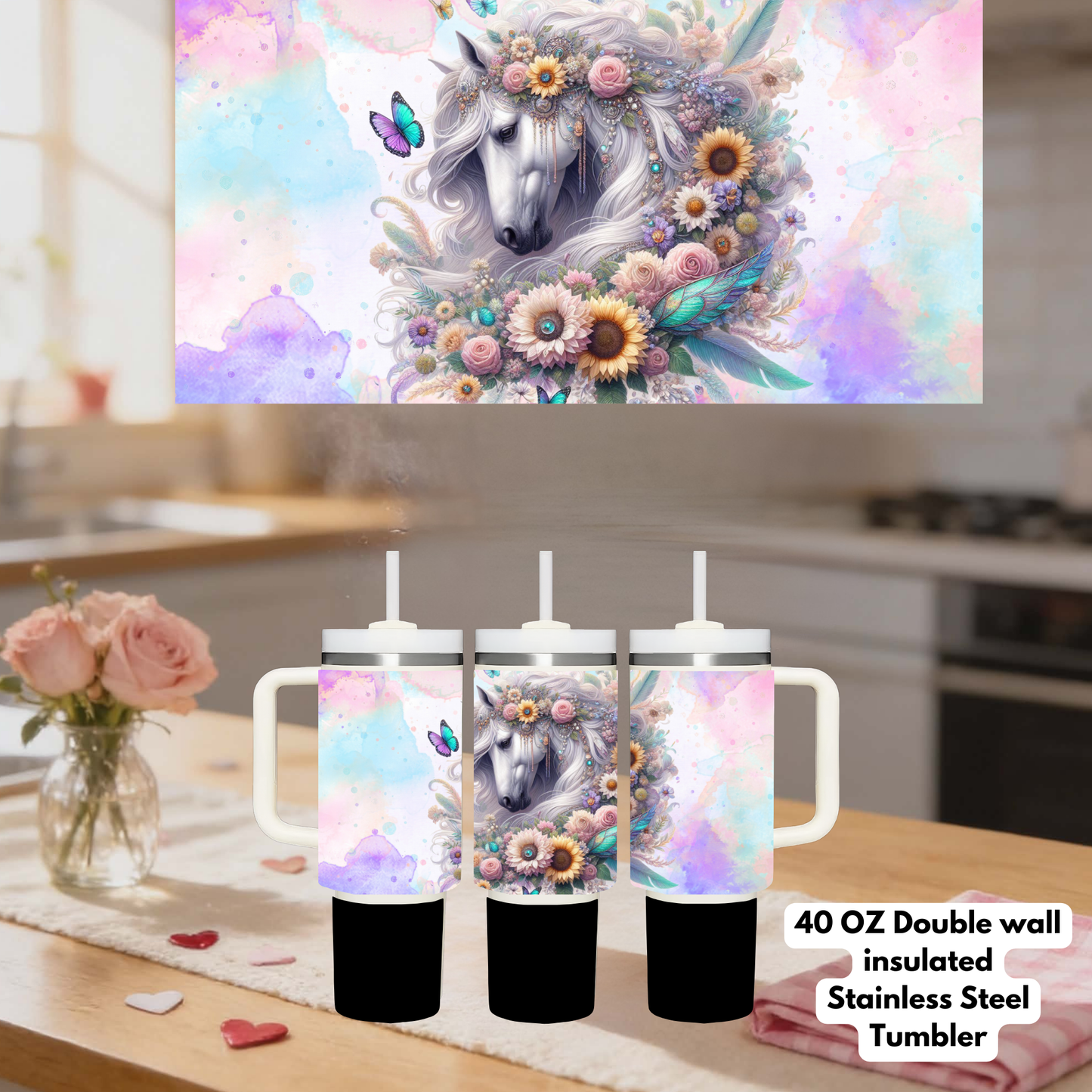 Magical Horse Floral 40oz Double-Wall Insulated Stainless Steel Tumbler Collection
