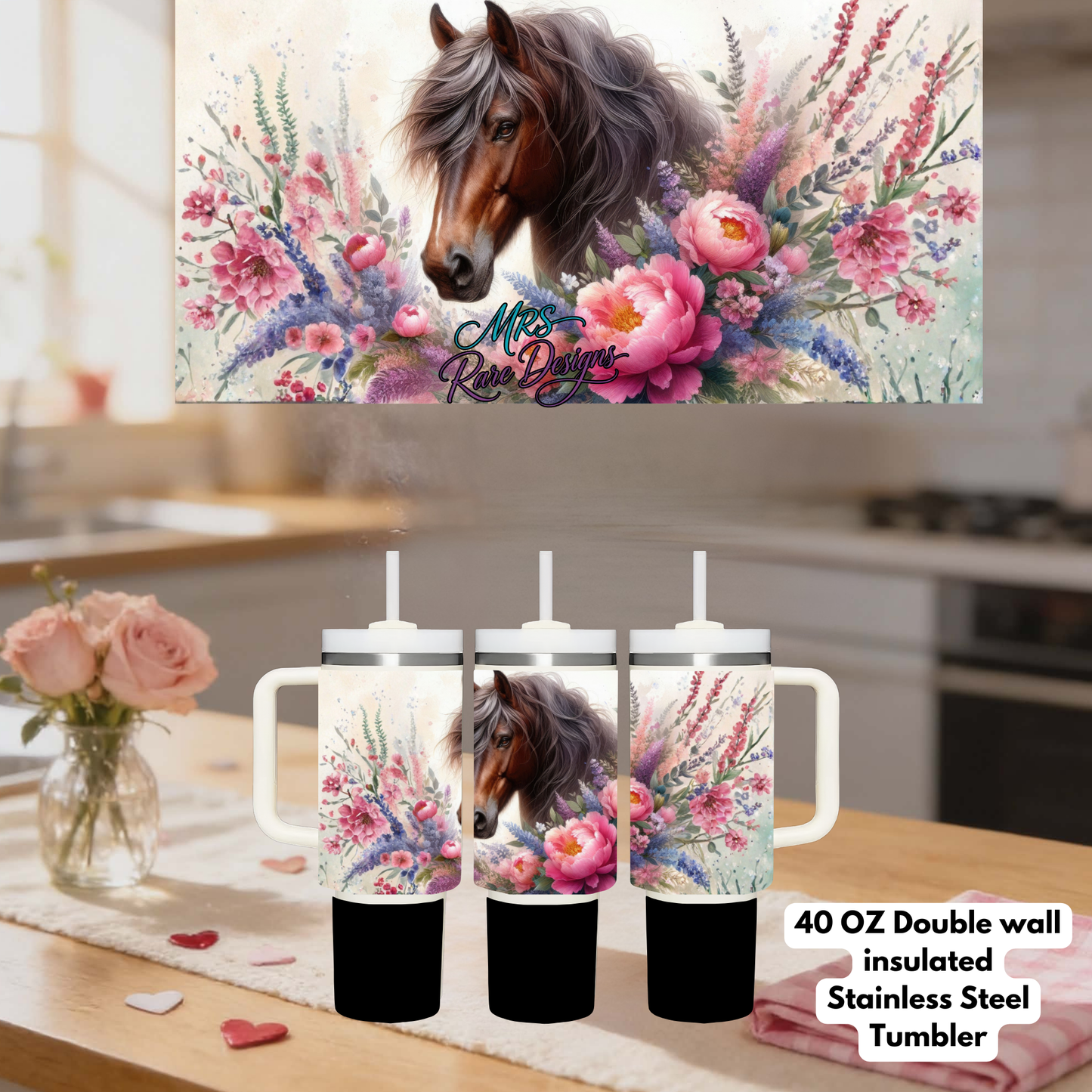 Magical Horse Floral 40oz Double-Wall Insulated Stainless Steel Tumbler Collection