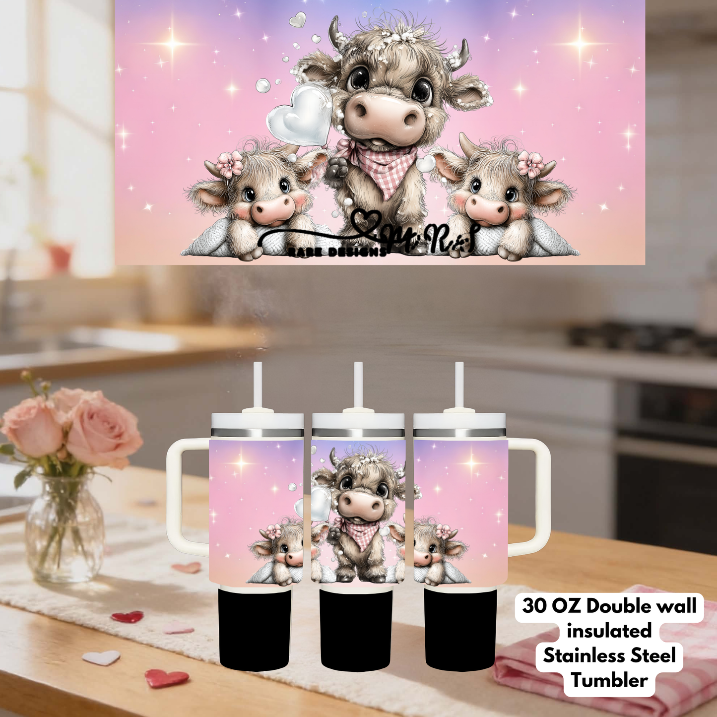 Adorable Cow Family 30oz Stainless Steel Tumbler – Pink Pastel Highland Cow Design with Straw & Handle