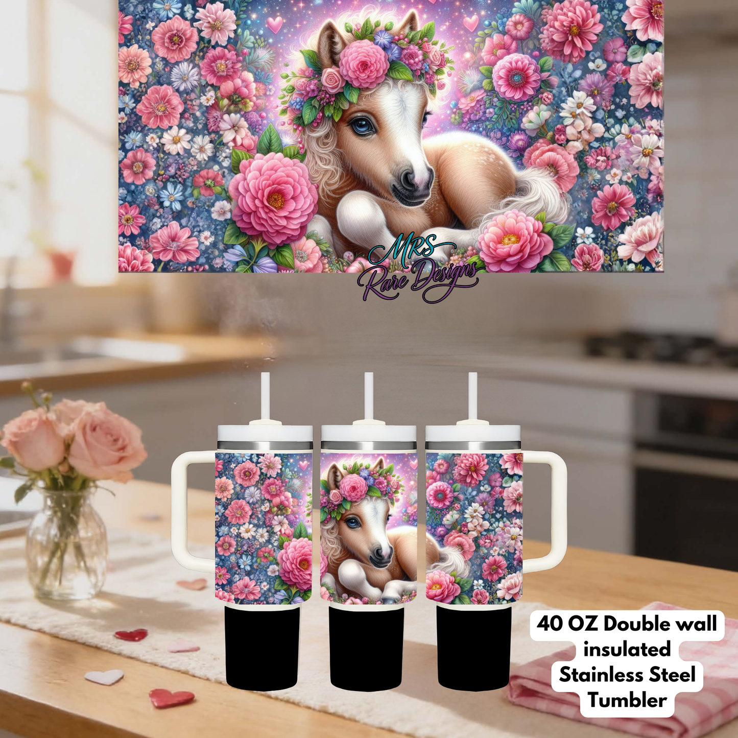 Magical Horse Floral 40oz Double-Wall Insulated Stainless Steel Tumbler Collection