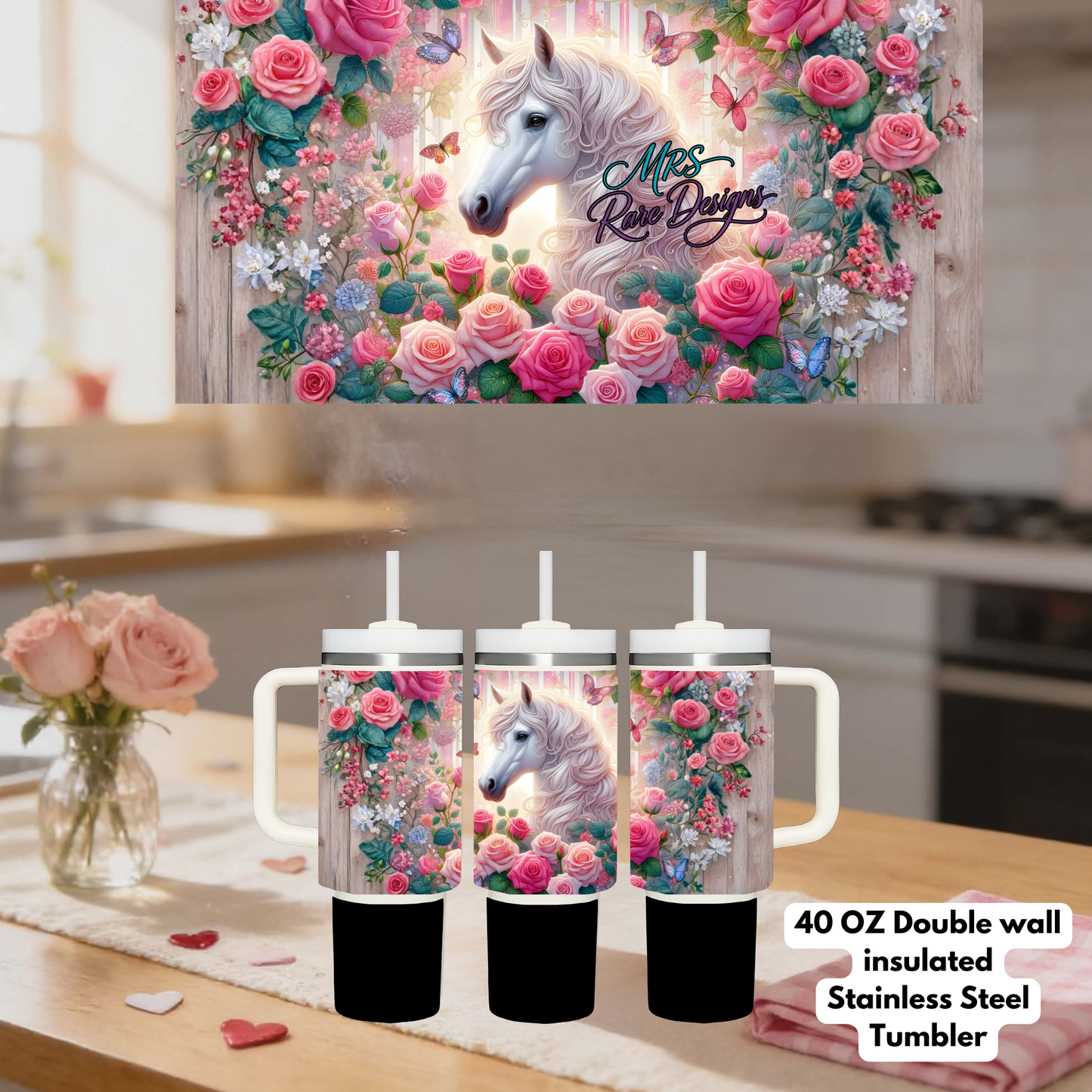Magical Horse Floral 40oz Double-Wall Insulated Stainless Steel Tumbler Collection
