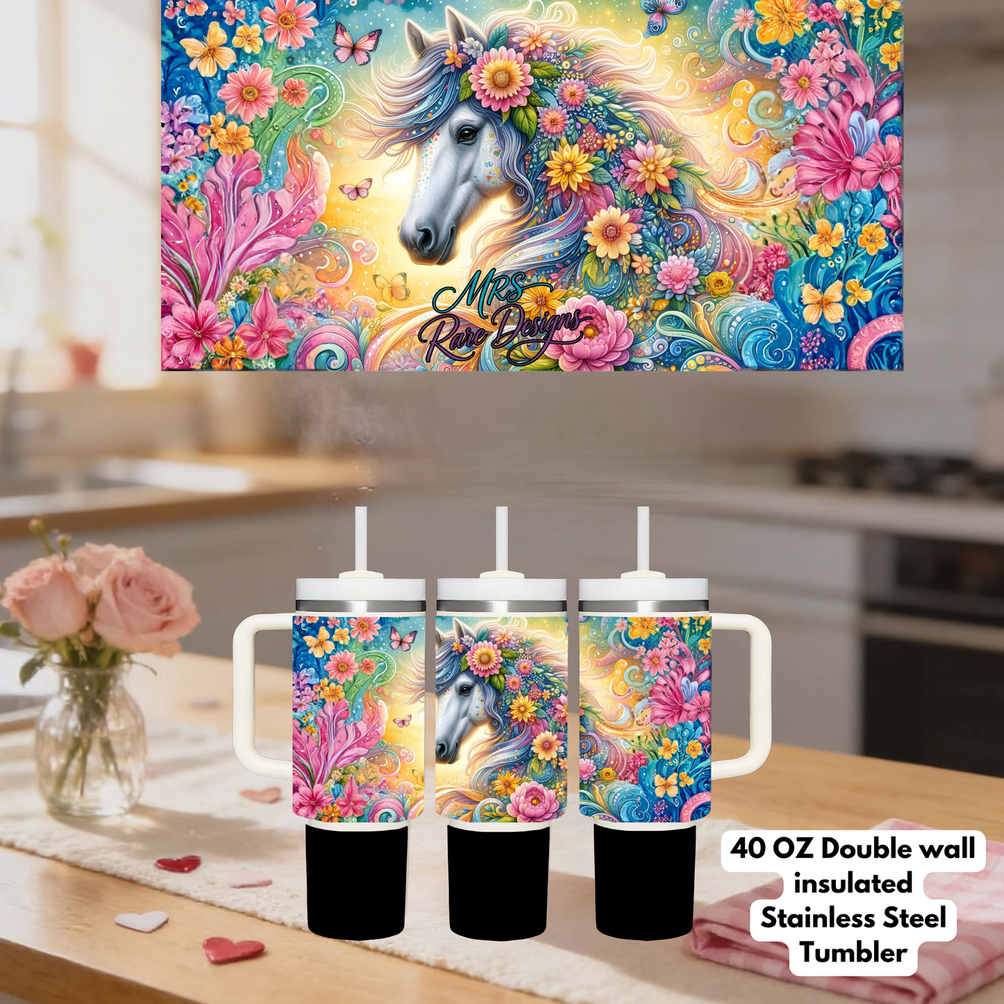 Magical Horse Floral 40oz Double-Wall Insulated Stainless Steel Tumbler Collection