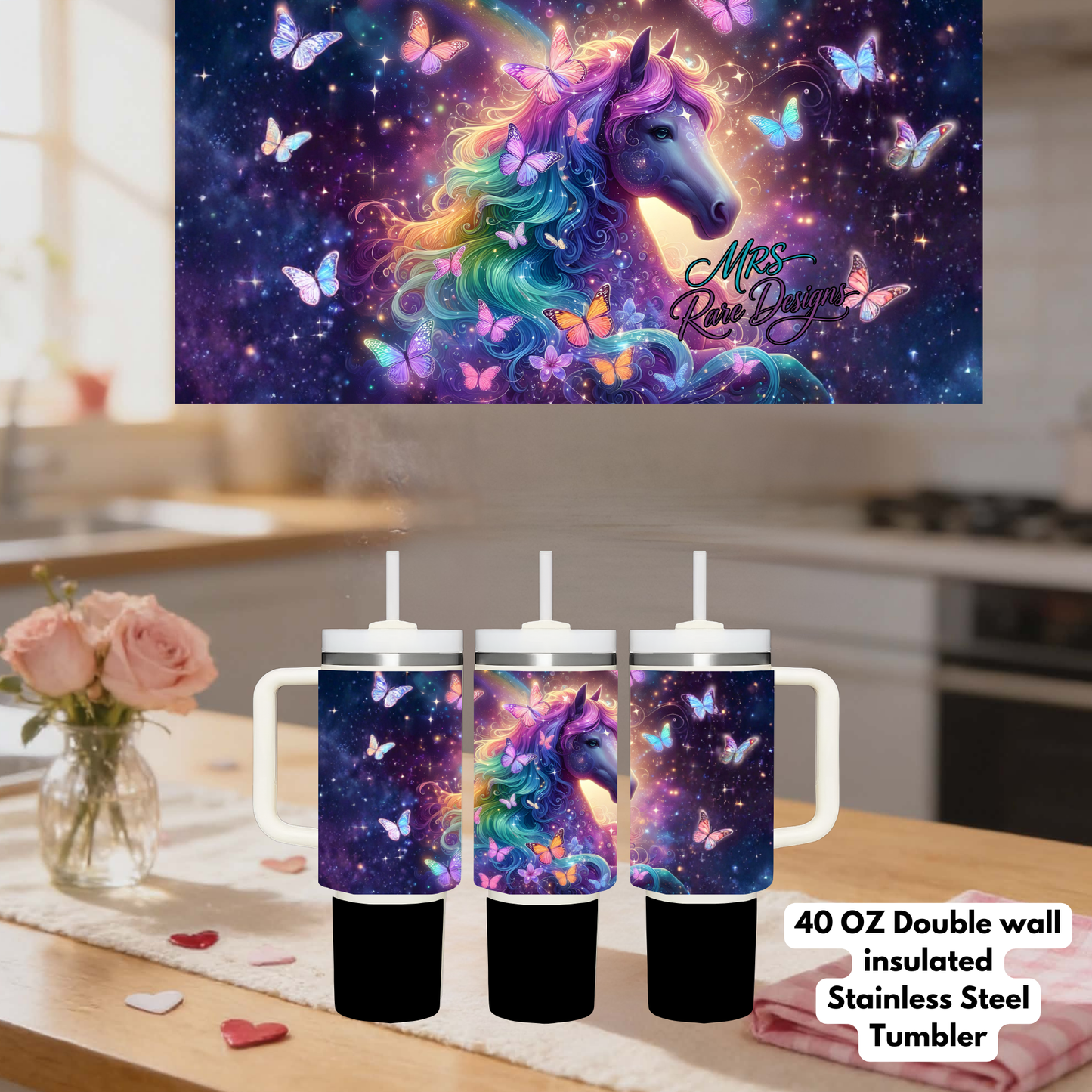 Magical Horse Floral 40oz Double-Wall Insulated Stainless Steel Tumbler Collection
