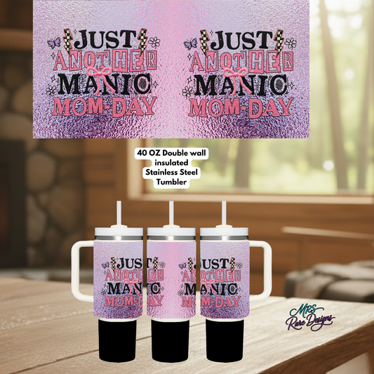 Just Another Manic Mom-Day 40oz Stainless Steel Insulated Tumbler with Handle & Straw – Pink Bow Glitter Design