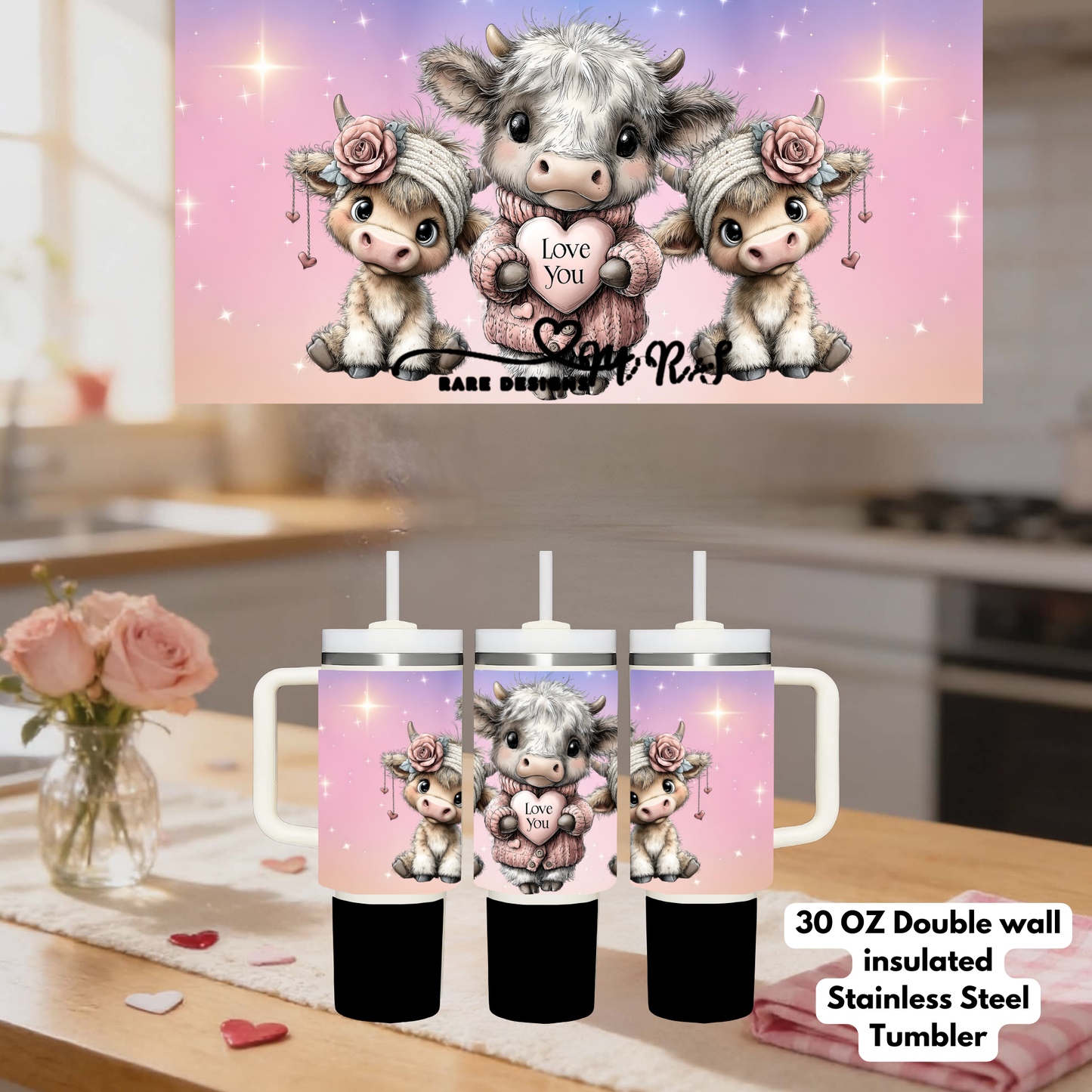Adorable Cow Family 30oz Stainless Steel Tumbler – Pink Pastel Highland Cow Design with Straw & Handle