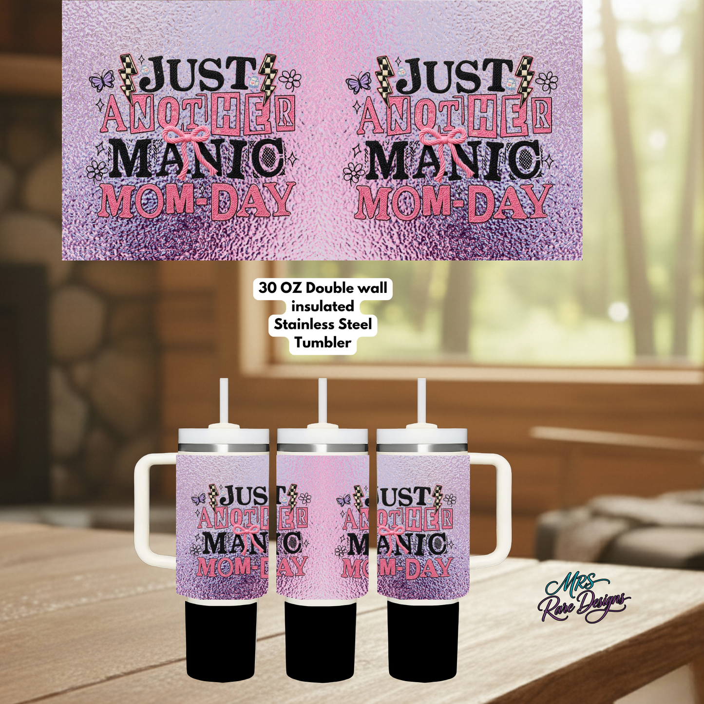 Just Another Manic Mom-Day 30oz Stainless Steel Insulated Tumbler with Handle, Lid & Straw – Pink Bow Glitter Design