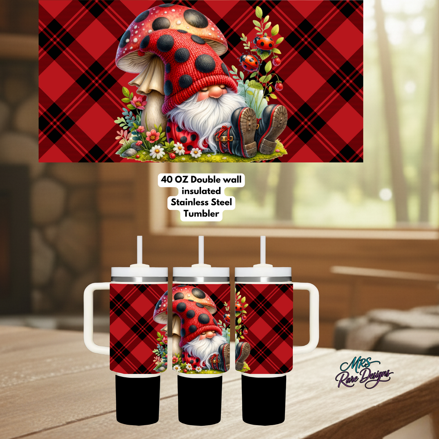 Ladybug Mushroom Gnome 40oz Handled Stainless Steel Tumbler – Red Buffalo Plaid Insulated Travel Mug with Straw