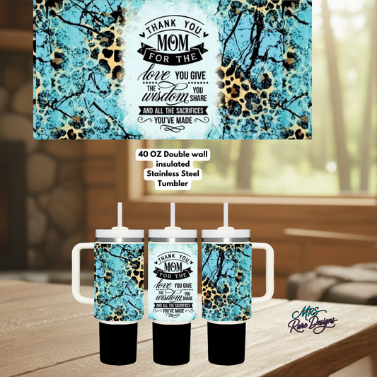 “Wild Love Mom 40oz Insulated Tumbler with Handle – Leopard Watercolor Edition”