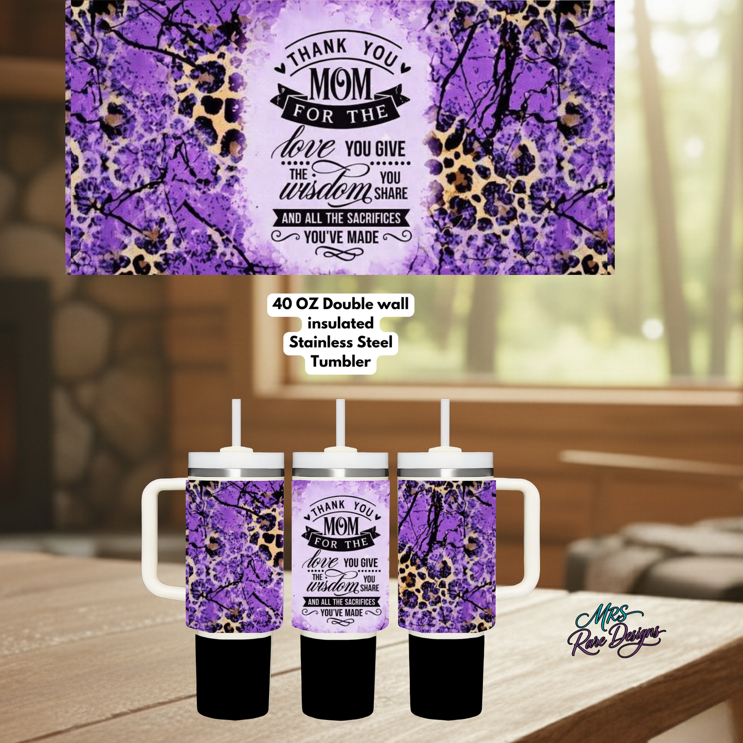 “Wild Love Mom 40oz Insulated Tumbler with Handle – Leopard Watercolor Edition”