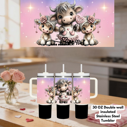 Adorable Cow Family 30oz Stainless Steel Tumbler – Pink Pastel Highland Cow Design with Straw & Handle