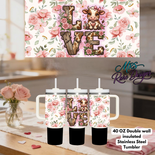 Love Floral Cow 40oz Stainless Steel Tumbler with Handle & Straw