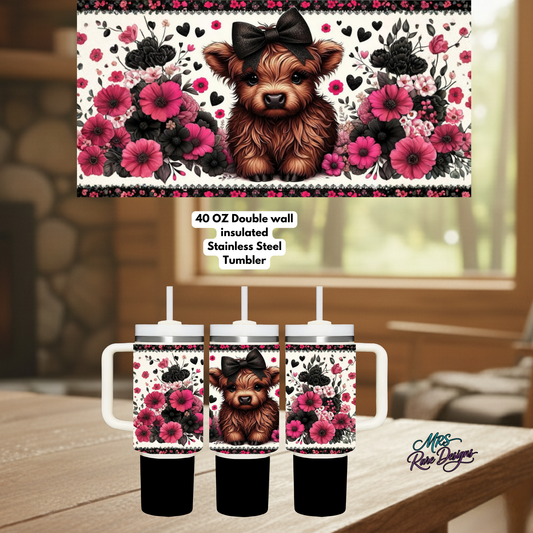 Highland Cow Floral 40oz Stainless Steel Tumbler Collection – Blue, Teal, Dark Pink, Lavender & Light Pink Farmhouse Gift