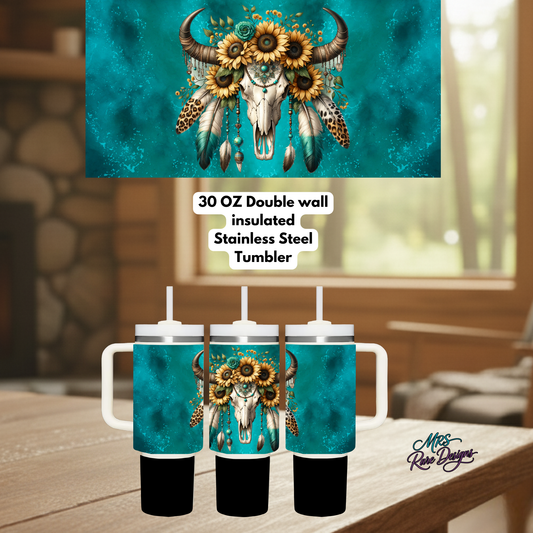 Boho Sunflower Skull 30oz Stainless Steel Tumbler – Double Wall Insulated Western Coffee Mug with Handle & Straw